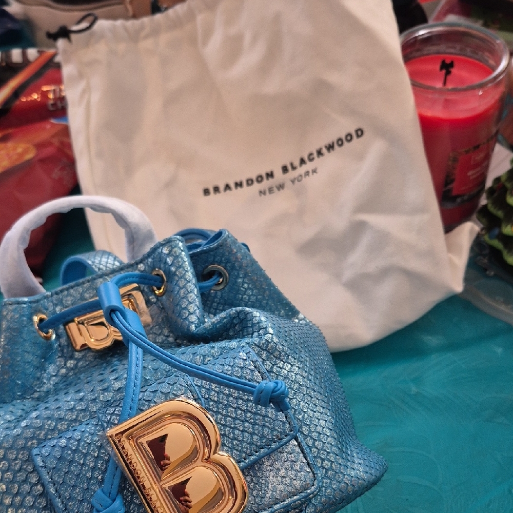 NEW--Brandon Blackwood Metallic Blue Mini Drawstring Bag with Gold 'B' Accent